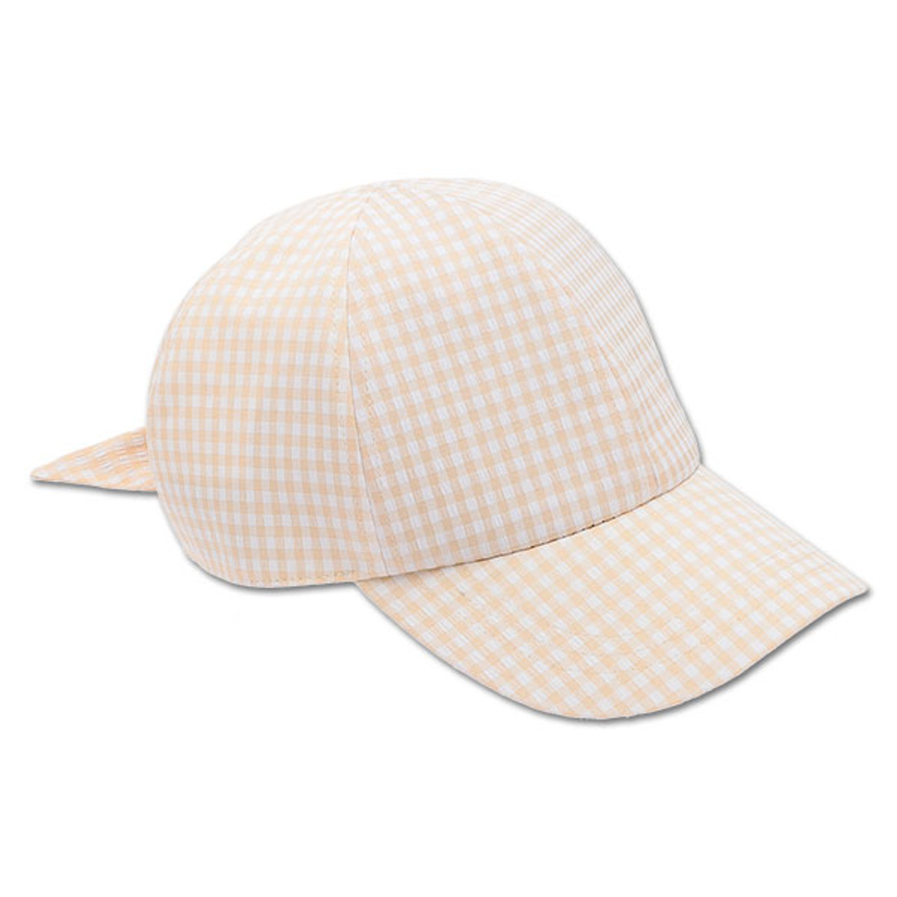 A beige and white gingham cap.