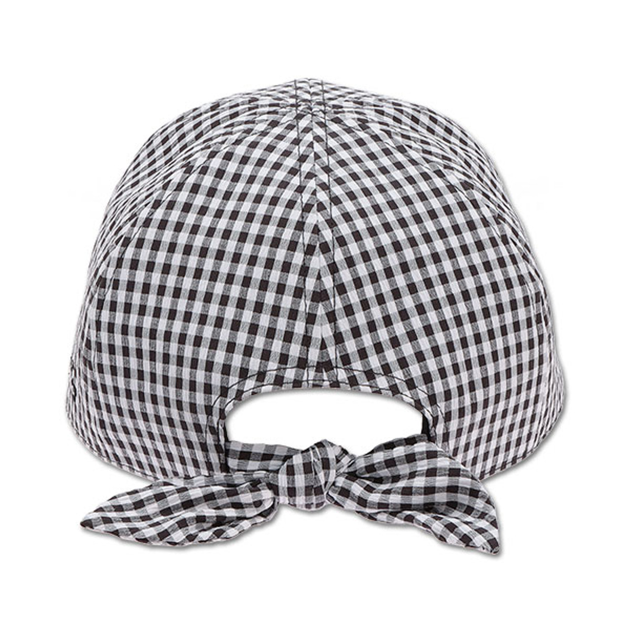 A black and white gingham cap. This photo shows the cap from the back and the cute ribbon tie detail.