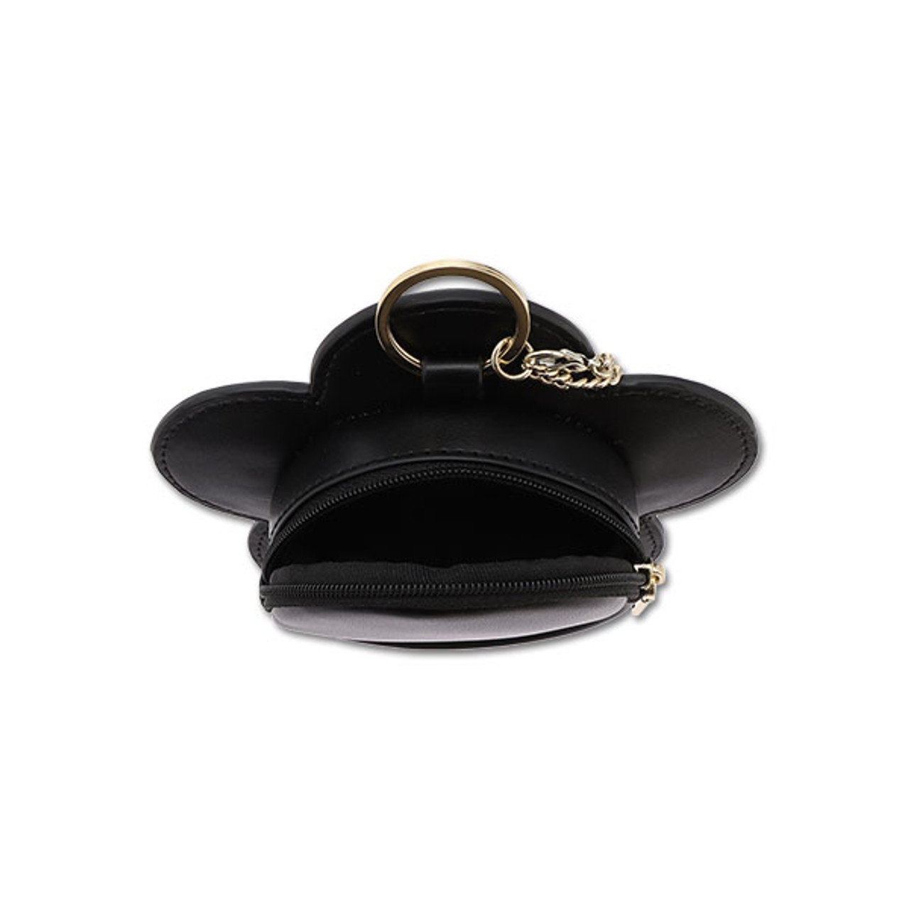 The black daisy shaped mini pouch shown from above. There is a round zipped compartment.