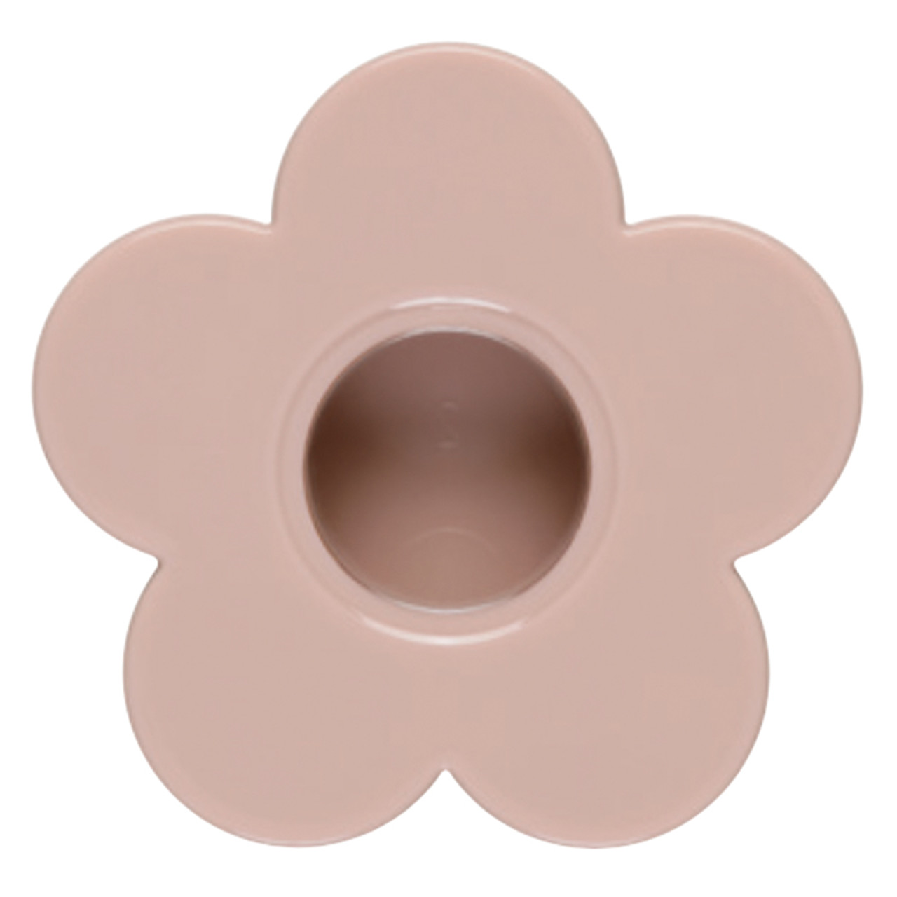 An empty, muted pink, daisy shaped case for one triangular eyeshadow. The case is closed, emphasising its cute daisy shape.