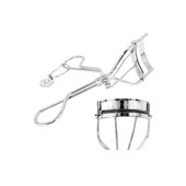 A silver eyelash curler. There is a silver Mary Quant Daisy charm attached. The image also shows a close up of the clamp of the curler, it is gently rounded and has black rubber cushions attached.