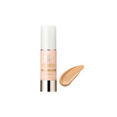 A bottle of foundation with Quant by Mary Quant Treatment Liquid Foundation and the Mary Quant Daisy printed on the front. There is a swipe of beige foundation to the right of the bottle. An ageing care foundation with such a fine finish that it looks like beautiful bare skin.