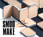 An image showing many pans of SMOO MAKE powder foundation in a pleasing geometric array. Text in the bottom left reads "smoo make".