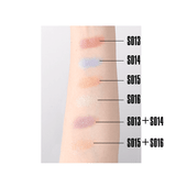 Eyeshadows swatched on light skin. From top to bottom, the shades are: S013 (Metallic) An elegant, deep rose beige. It's a sheer colour that’s not too flashy, and it can be used as a light wash of colour or concentrated in the outer corner of the eye.
S014 (Twinkle) A clear ultramarine shade. It can be used as a base or for finishing touches. The colours of each pearl combine to give a clear, almost transparent effect.
S015 (Metallic) A glamorous orange ochre that blends well with any skin tone. Easily add some colour to your skin complexion for a cool, casual look.
S016 (Twinkle) A gentle lily green shade, which has a damp, almost translucent look. This colour can be used for the lower eyelid, as a base or as a finishing touch. 
At the bottom, the effect that can be achieved by mixing two shadows is demonstrated: S013 and S014 mix to become a brownish purple, and S015 and S016 mix to become a light orange with a faint green sheen.