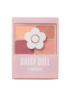 An eye colour palette with Daisy Doll by Mary Quant and the Mary Quant Daisy printed on the front. This shade is R-01 Lychee Red. The four eyeshadow colours are (from top left, clockwise) light pink, rose beige, sparkly light pink, reddish purple.