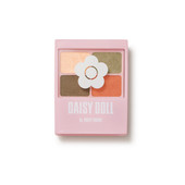 An eye colour palette with Daisy Doll by Mary Quant and the Mary Quant Daisy printed on the front. This shade is BR-03 Olive Brown The four eyeshadow colours are (from top left, clockwise)pale yellow gold, light olive green, orange, deep khaki green.