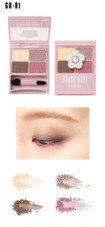An image showing the palette in GR-01 Pink Grey. At the top there is a picture of the palette both open and shut, showing the shadows. The four eyeshadow colours are (from top left, clockwise) light gold, grey taupe, cool pink, dark pinkish-brown. At the bottom there is an image of all four colours used on the eye to create a gradient effect.