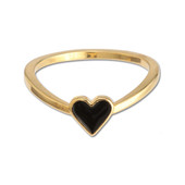 A delicate gold ring with a black resin heart shaped motif at the centre.