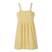 A yellow gingham sun dress. The dress is sleeveless and has buttons on the top.