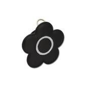 A black daisy shaped mini pouch. There is a circle of silver sequins around the centre of the daisy and there is a gold chain to attach the pouch to your bag.