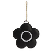 A black daisy shaped mini pouch. There is a circle of silver sequins around the centre of the daisy and there is a gold chain to attach the pouch to your bag.