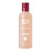 A dusty pink bottle with a maroon lid. Text on the bottle reads Body Icon Shower Gel Elegant Fig Mary Quant.