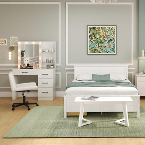 4-Piece Bedroom Furniture Set with Twin Size Bed Frame  Entryway Bench  Vanity Desk and Jewelry Arm B593-R-BedroomSet1