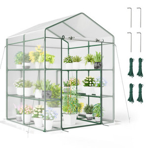 Walk-in Greenhouse with 3 Tiers 8 Shelves PVC Cover Roll-up Zippered Door B593-GT4216