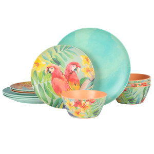 Laurie Gates Tropical Parrots 12 Piece Melamine Dinnerware Set in Assorted Designs D970-136568.12