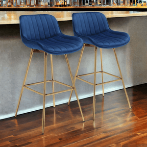 Set of Two 29" Blue and Gold Velvet and Metal Low Back Bar Height Swivel Bar Chairs N270-543453