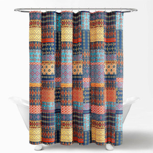 72-inch Navy Blue Orange Yellow Teal Boho Patchwork Polyester Shower Curtain Q280-TDGH32562