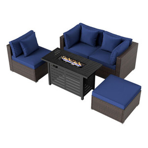 Heavy-duty Frame Rattan Sofa Set with 60000 BTU Firepit Table-Navy - Color: Navy D681-OP70370+HW66750ANY+