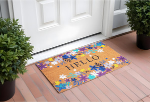 24" X 36" Natural Blue and Purple Coir Floral Hello Outdoor Door Mat N270-555255