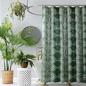 72 x 72 inch Cotton Poly Shower Curtain with Green White Geometric Motif Pattern Q280-GRASCJB30685729