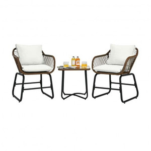 3 Pieces Patio Rattan Bistro Set Cushioned Chair Glass Table Deck-White B593-OP70838
