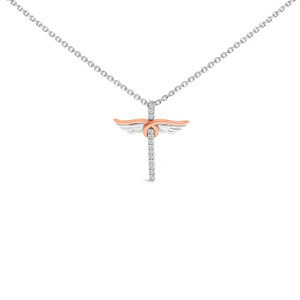 14K Rose Gold Plated Sterling Silver 1/5 Cttw Diamond Wing Cross Pendant Necklace N162-023826PV21