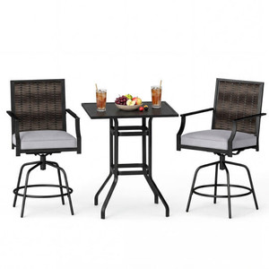 3 Pieces Outdoor Swivel Bar Set High Top Patio Bar Table and Rattan Wicker Chairs D681-NP12163GR-2+NP10141-12