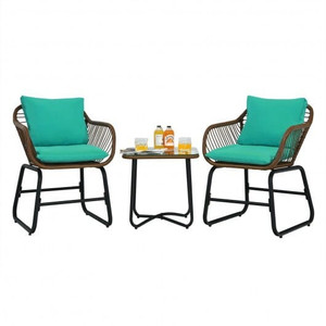 3 Pieces Patio Rattan Bistro Set Cushioned Chair Glass Table Deck-Turquoise - Color: Turquoise D681-OP70838TU