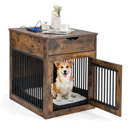 2-In-1 Dog House with Drawer and Wired Wireless Charging-Rustic Brown - Color: Rustic Brown D681-PU10011CF