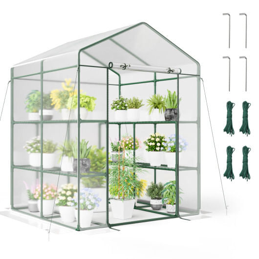 Walk-in Greenhouse with 3 Tiers 8 Shelves PVC Cover Roll-up Zippered Door B593-GT4216
