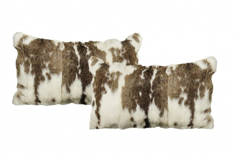 Set of Two 12" X 20" Brown and White Rabbit Natural Fur Throw Pillow N270-473925