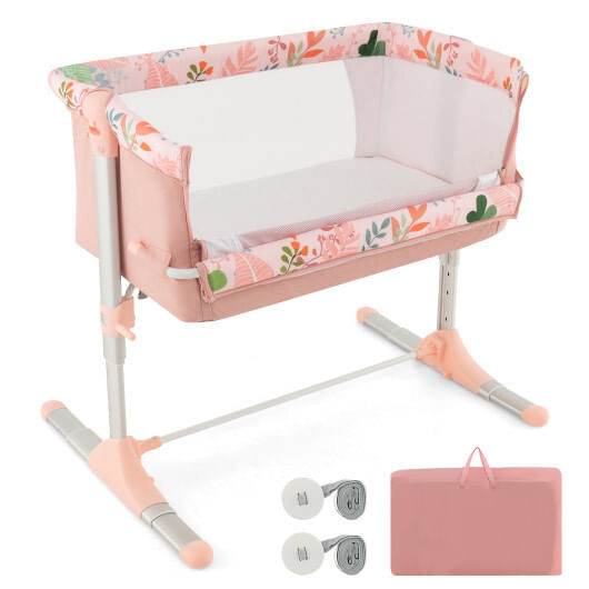 Folding Baby Bassinet Bedside Sleeper with 4 Adjustable Heights-Pink B593-BC10187