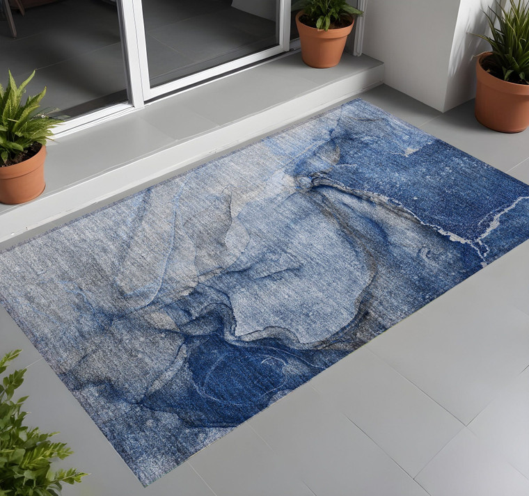 3' X 5' Navy Blue Abstract Washable Non Skid Indoor Outdoor Area Rug N270-560576