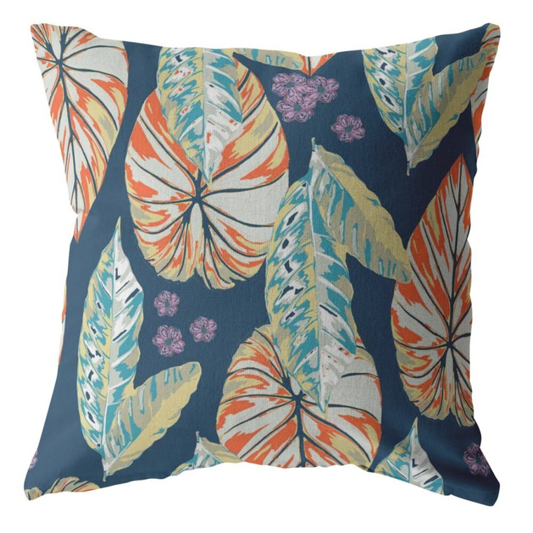 20" Orange Blue Tropical Leaf Indoor Outdoor Throw Pillow N270-412668