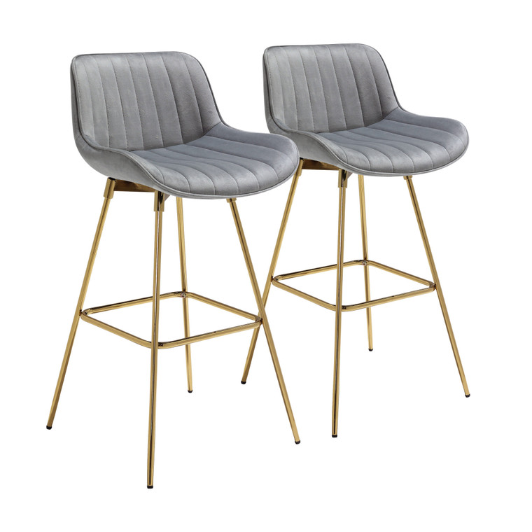Set of Two 29" Gray and Gold Velvet and Metal Low Back Bar Height Swivel Bar Chairs N270-543456
