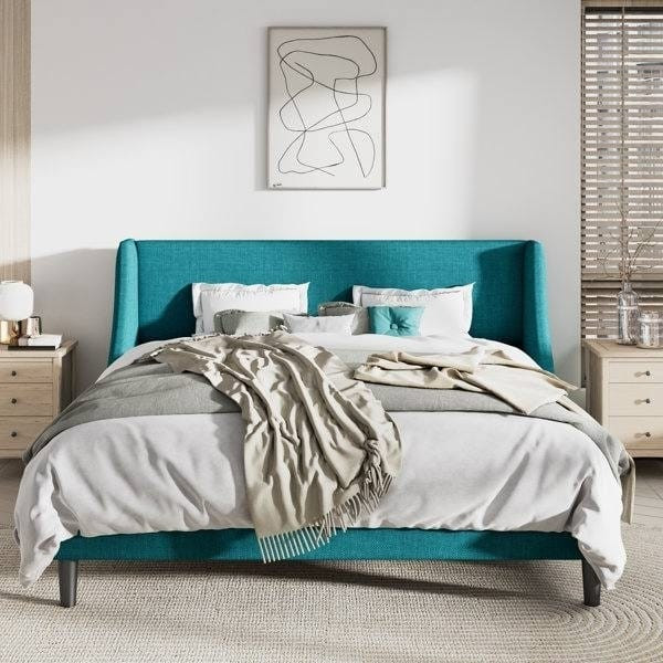 King Size Upholstered Linen Blend Headboard Wingback Platform Bed in Turquoise Q280-TUKI4647