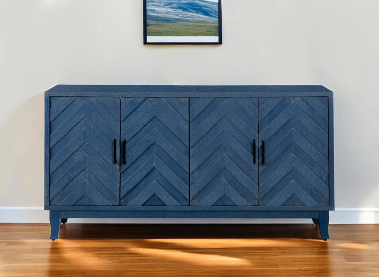 60" Blue Textural Chevron Distressed Wood Sideboard with Four Doors N270-568406