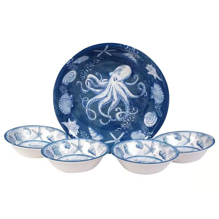 5-Piece Starfish Sea Shells Octopus Beach Dinner Bowl Set in Blue and White Q280-ODPSMB3882142563