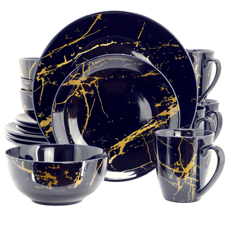 Elama Fine Marble 16 Piece Porcelain Dinnerware Set in Dark Blue with Gold Veining D970-EL-FINEMARBLE-DB-GLD