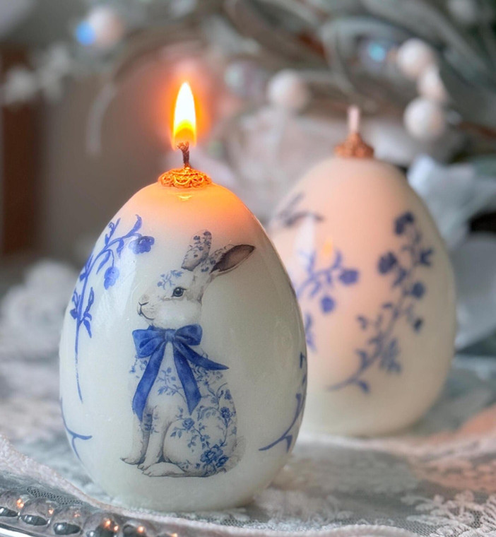 1 pc Vintage Easter Egg Bunny Candle: Spring Rabbit Decor - Easter Blue Floral gift H652-1043