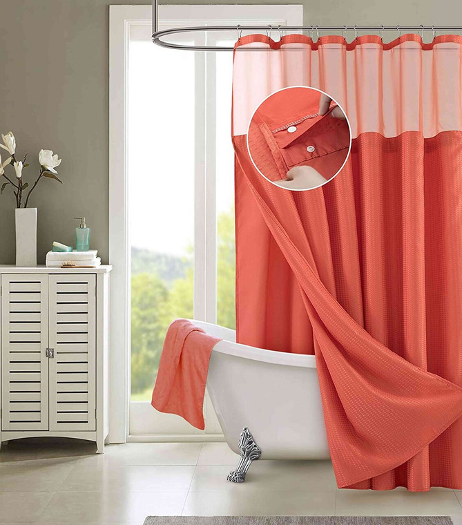 Coral Sheer and Grid Shower Curtain and Liner Set N270-399759