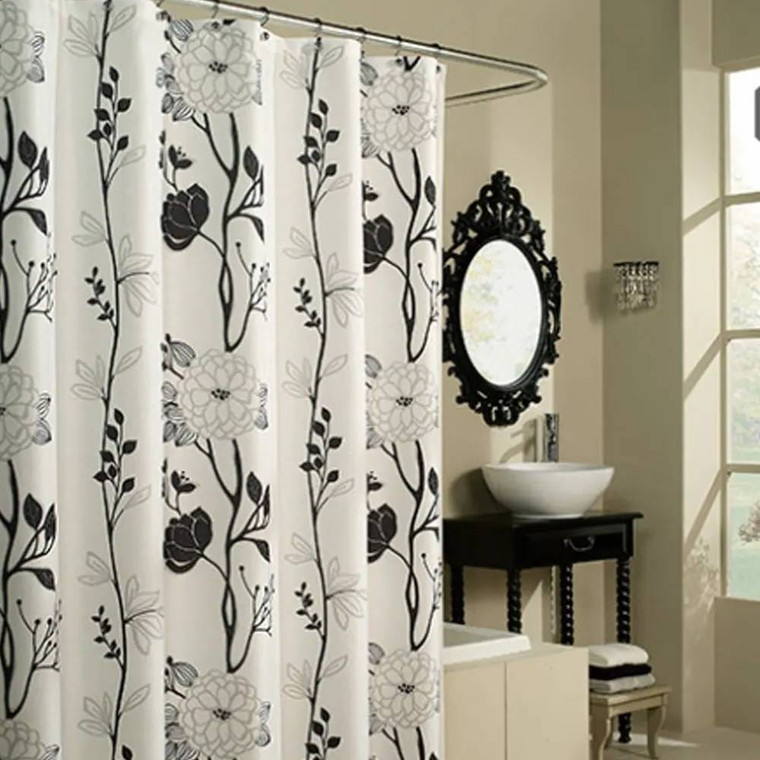 71-inch Boho Black and White Floral Flowers Polyester Fabric Shower Curtain Q280-BWFSC173928514
