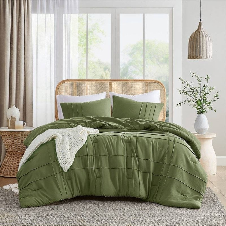 Queen size Microfiber Pleated Soft Lightweight Comforter Set in Olive Green Q280-OLIFG5654