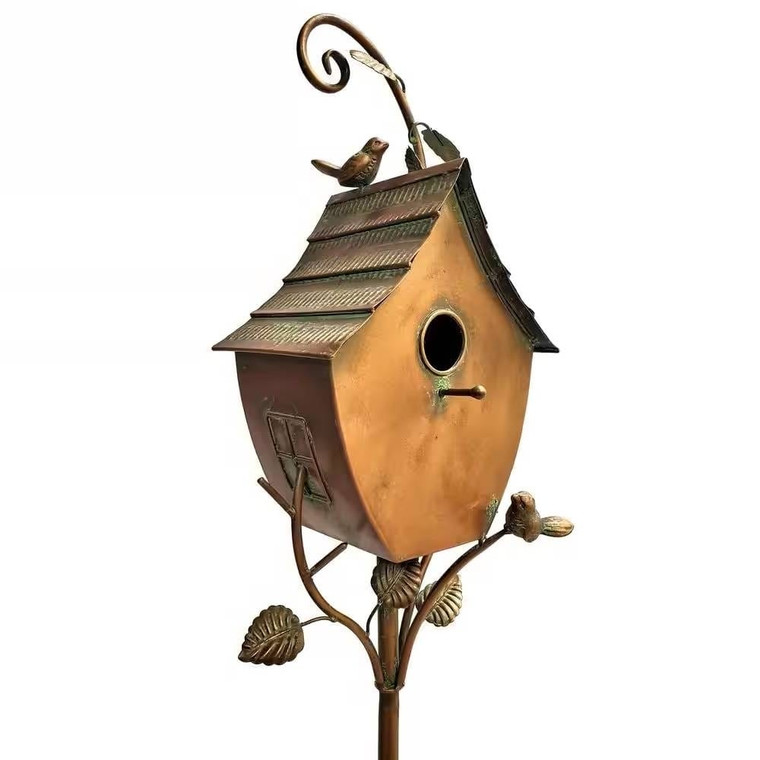 Outdoor Powder Coated Iron Birdhouse with 3-Prong Garden Stake in Copper Finish Q280-SNTACSB113658792