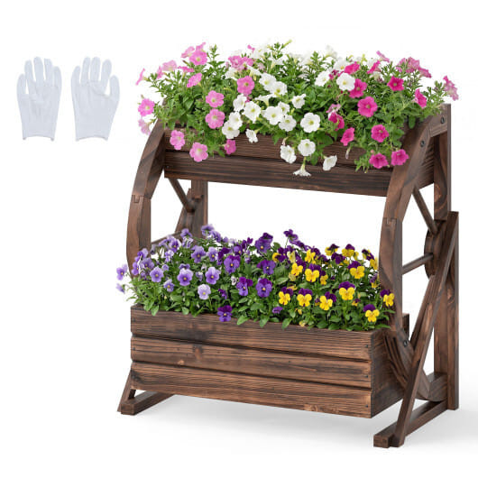 2-tier Raised Garden Bed Rustic Wood Wagon Planter with Drainage Holes and Semi-wheels-Coffee - Col D681-HZ10397CF