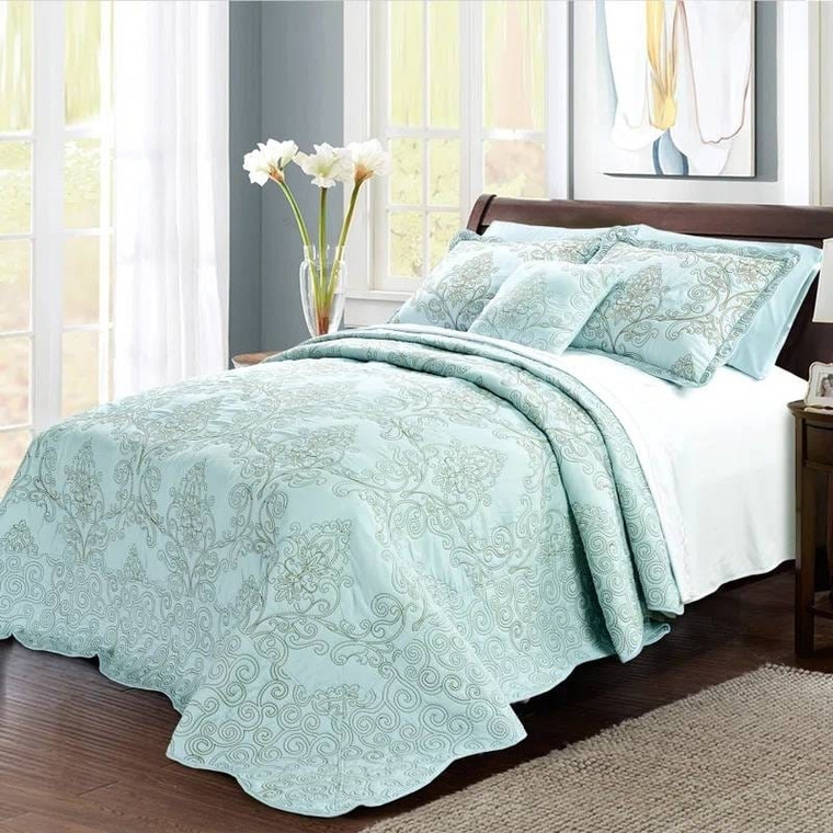 King size Light Blue Damask Embroidered 4 Piece Oversized Bedspread Set Q280-KNGBLBS96361458