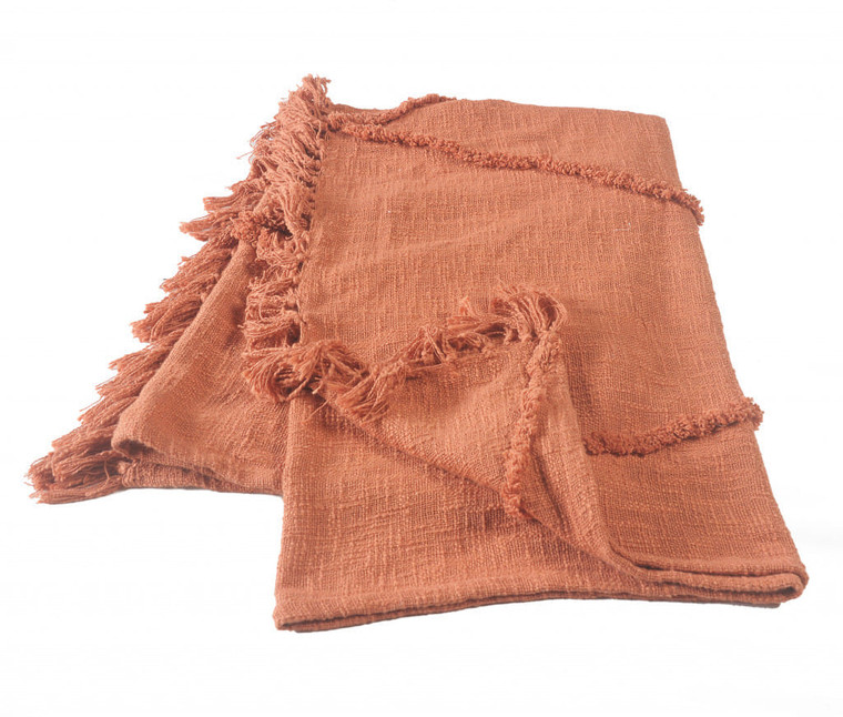 60" X 50" Orange Woven Cotton Throw Blanket with Fringe N270-516546
