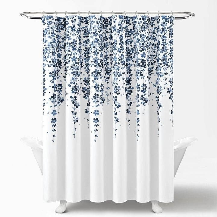 72-inch White Navy and Light Blue Floral Vines and Flowers Shower Curtain Q280-WHNVLS6584