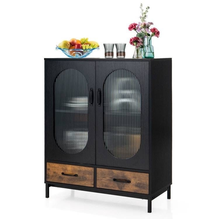 Modern Black Brown Metal Wood Sideboard Dining Buffet Cabinet with Glass Doors Q280-KBCTGDS179258361