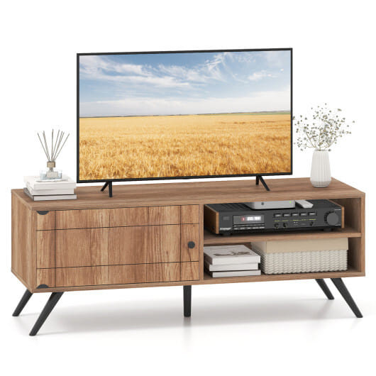 TV Stand for TVs up to 55 Inch Mid Century Modern Entertainment Center with Storage Cabinet-Oak - C D681-HV10875OA